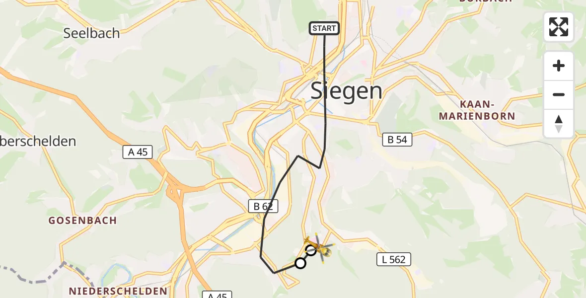 Flugroute Rettungshubschrauber Siegen - Evangelisches Jung-Stilling Hospital, 13 September 2026, 13:45
