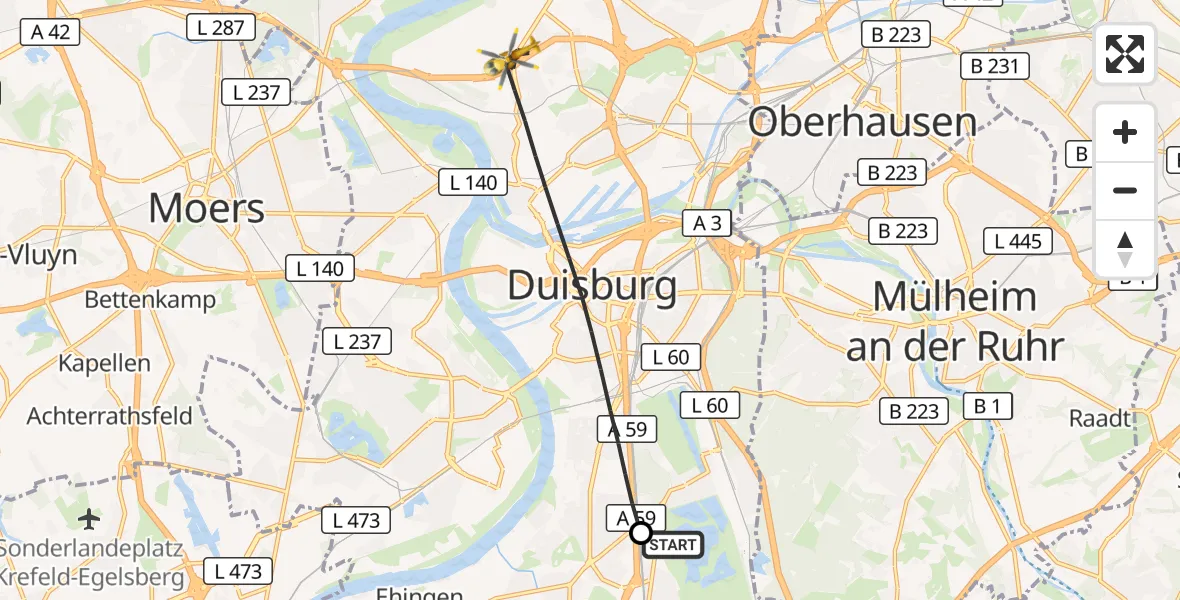 Flugroute Rettungshubschrauber Duisburg Air Rescue Hubschrauberlandeplatz (Christoph 9) - Duisburg, 13 September 2026, 13:48