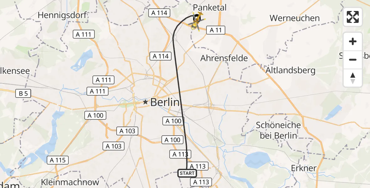 Flugroute Rettungshubschrauber Berlin - Helios Clinic Berlin-Buch, 13 September 2026, 13:50