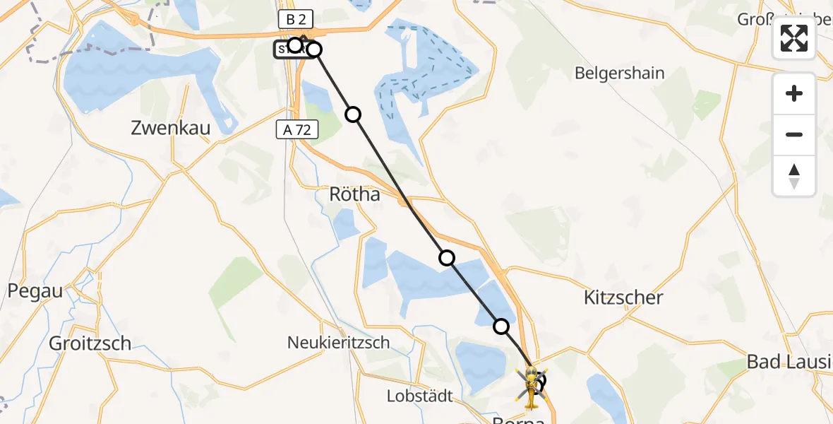 Flugroute Rettungshubschrauber Böhlen - Sana Hospital Borna, 13 September 2026, 13:51