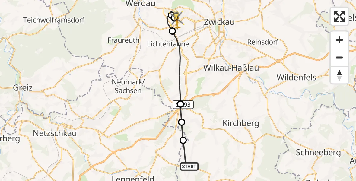 Flugroute Rettungshubschrauber Kirchberg - ADAC Air Rescue Station Zwickau Hubschrauberlandeplatz, 13 September 2026, 14:00