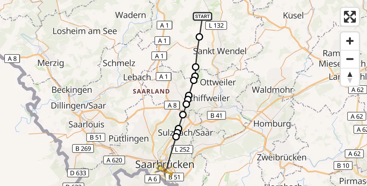 Flugroute Rettungshubschrauber Oberthal - Saarbrücken, 13 September 2026, 14:03