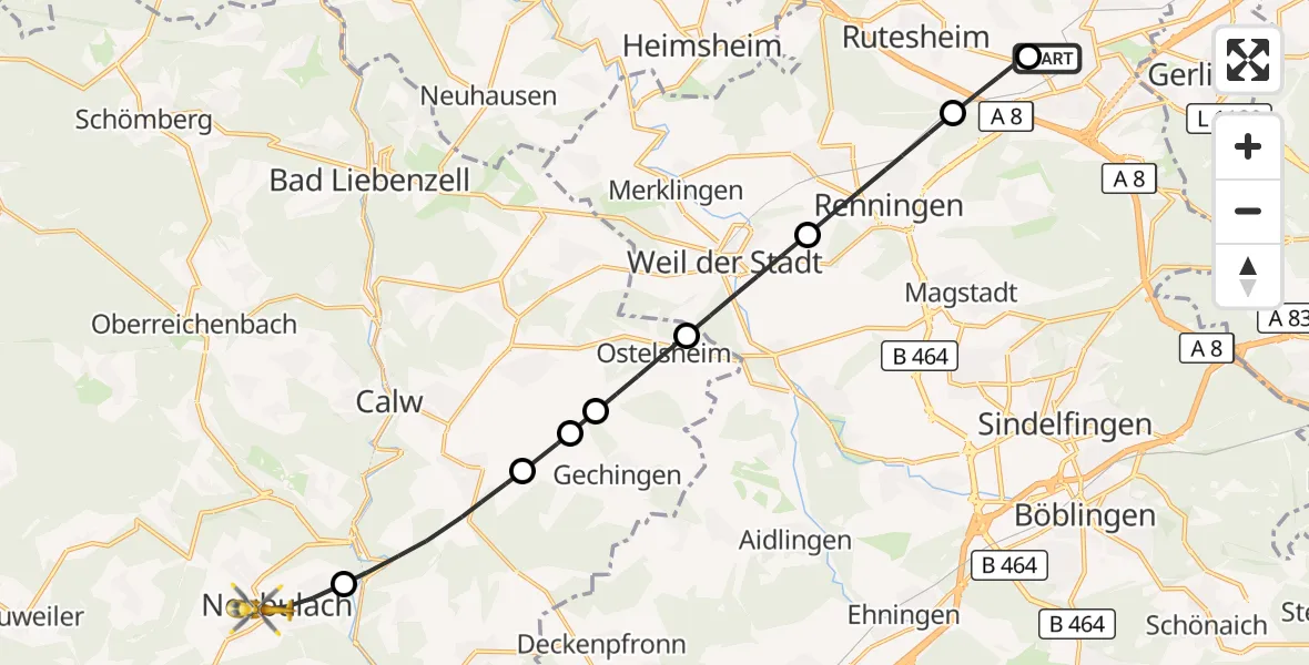 Flugroute Rettungshubschrauber Leonberg Hospital - Neubulach, 13 September 2026, 14:17