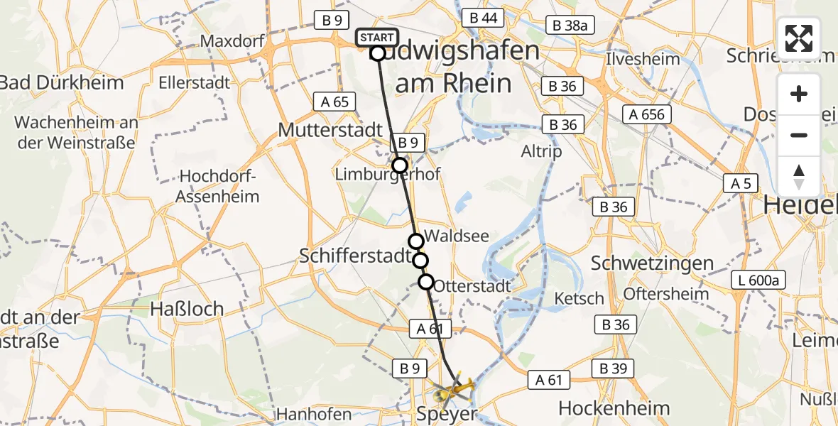 Flugroute Rettungshubschrauber Ludwigshafen Accident Hospital - Speyer, 13 September 2026, 14:21