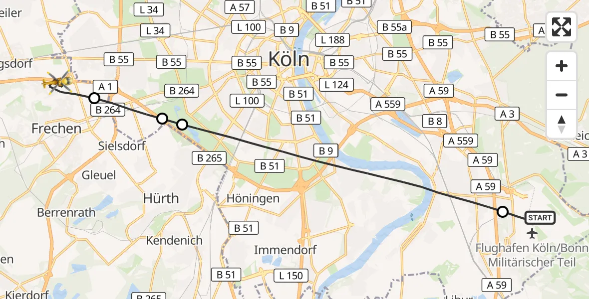 Flugroute Rettungshubschrauber Köln Bonn Flughafen - Frechen, 13 September 2026, 14:26
