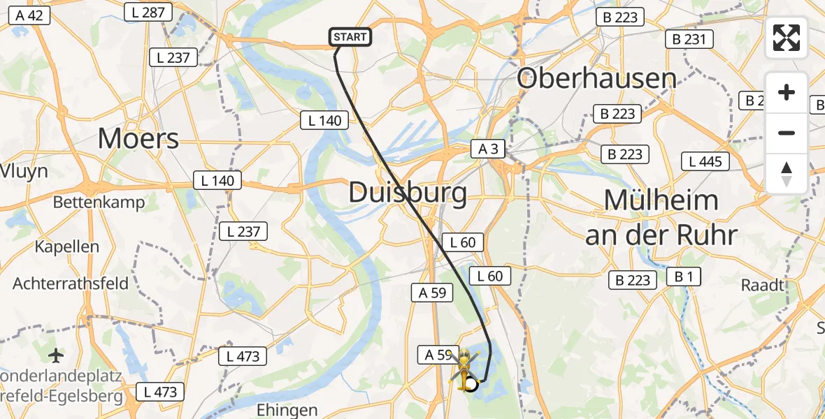 Flugroute Rettungshubschrauber Duisburg - Duisburg Air Rescue Hubschrauberlandeplatz (Christoph 9), 13 September 2026, 14:34