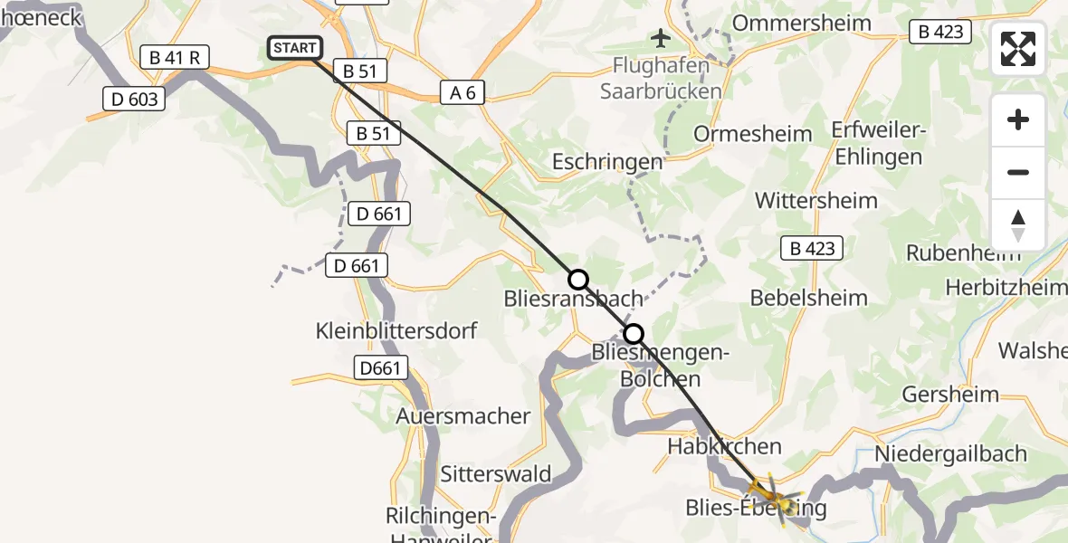 Flugroute Rettungshubschrauber Saarbrücken - Mandelbachtal, 13 September 2026, 14:46