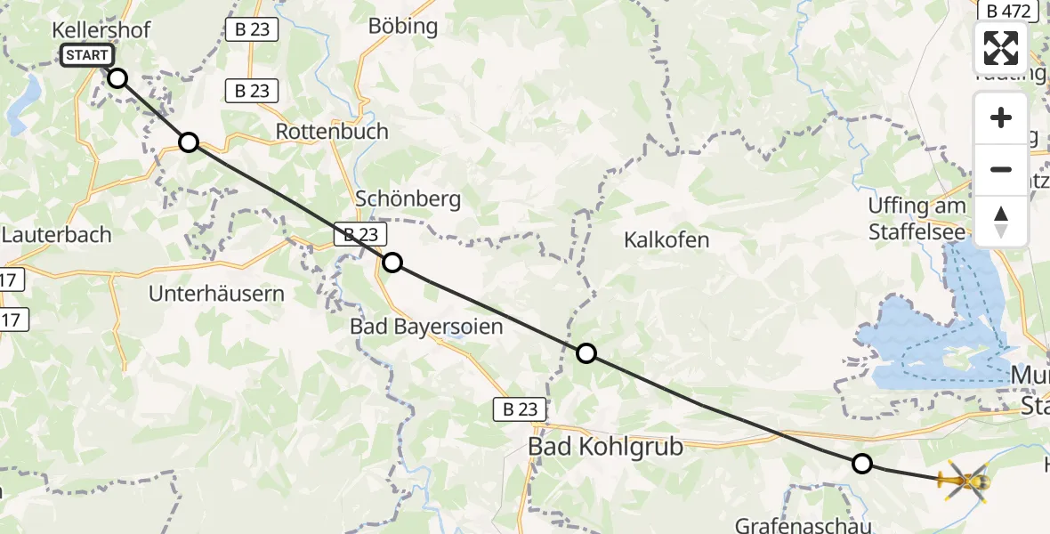 Flugroute Rettungshubschrauber Steingaden - Murnau a.Staffelsee, 13 September 2026, 14:49