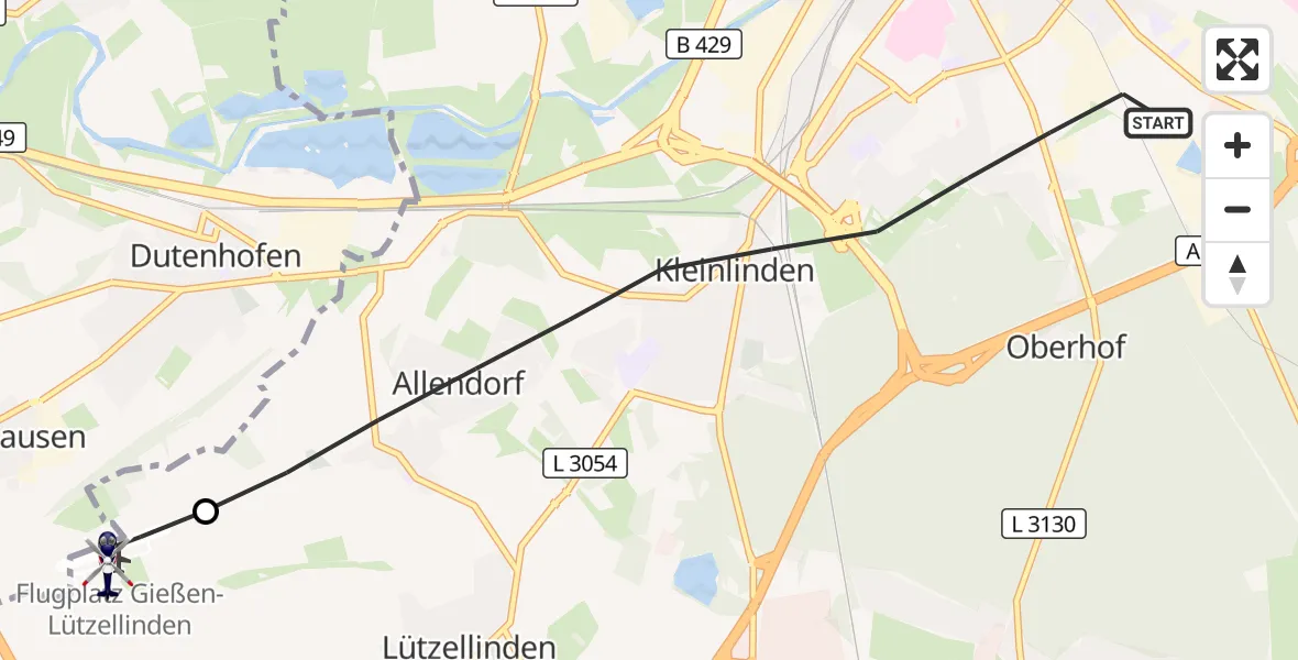 Flugroute Polizeihubschrauber Gießen - Gießen-Lützellinden Flugplatz, 13 September 2026, 15:00