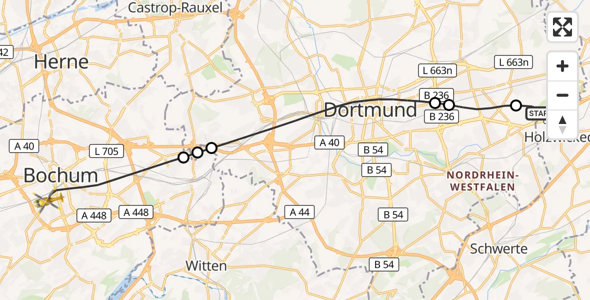 Flugroute Rettungshubschrauber Dortmund Flughafen - Bochum, 13 September 2026, 15:03