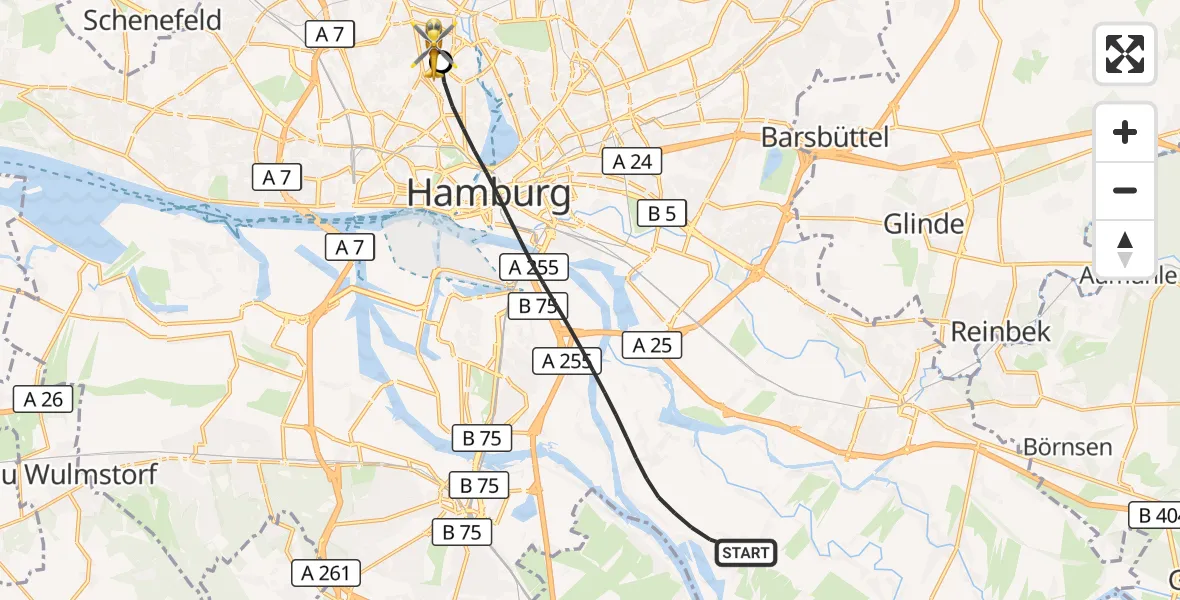 Flugroute Rettungshubschrauber Hamburg - Universitätsklinikum Hamburg-Eppendorf Hubschrauberlandeplatz, 13 September 2026, 15:03