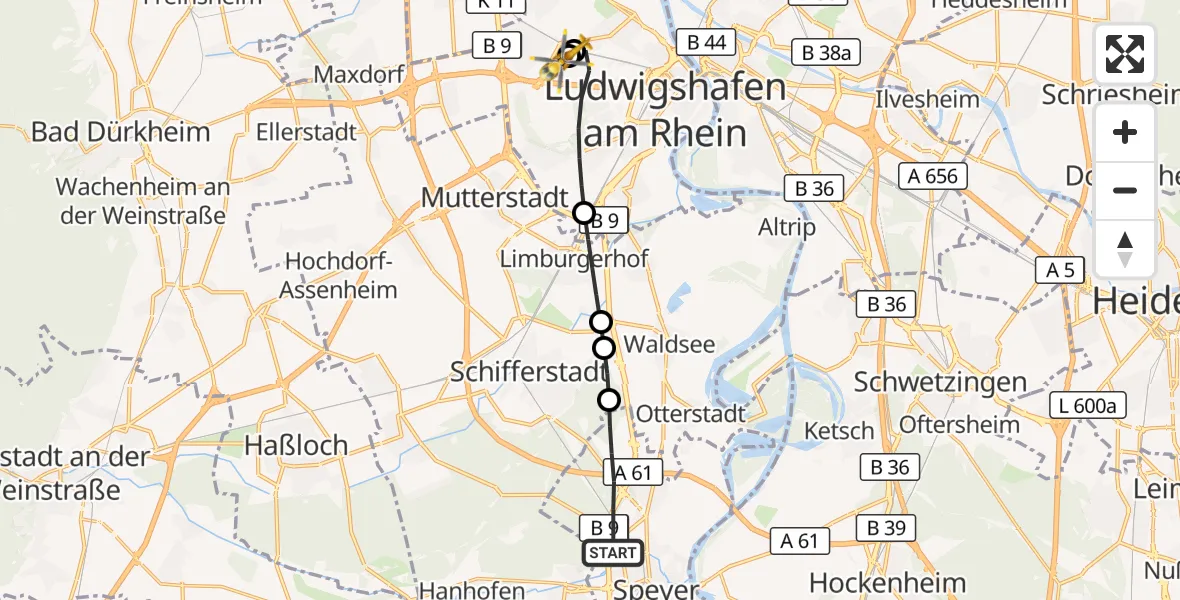 Flugroute Rettungshubschrauber Speyer - Ludwigshafen Accident Hospital, 13 September 2026, 15:04