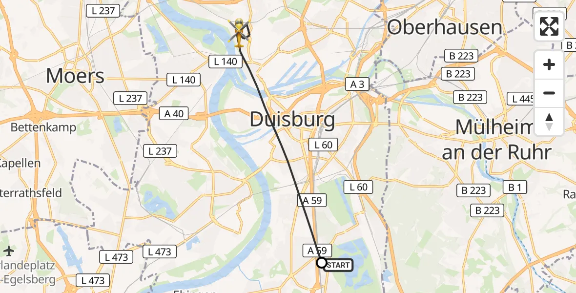 Flugroute Rettungshubschrauber Duisburg Air Rescue Hubschrauberlandeplatz (Christoph 9) - Duisburg, 13 September 2026, 15:06