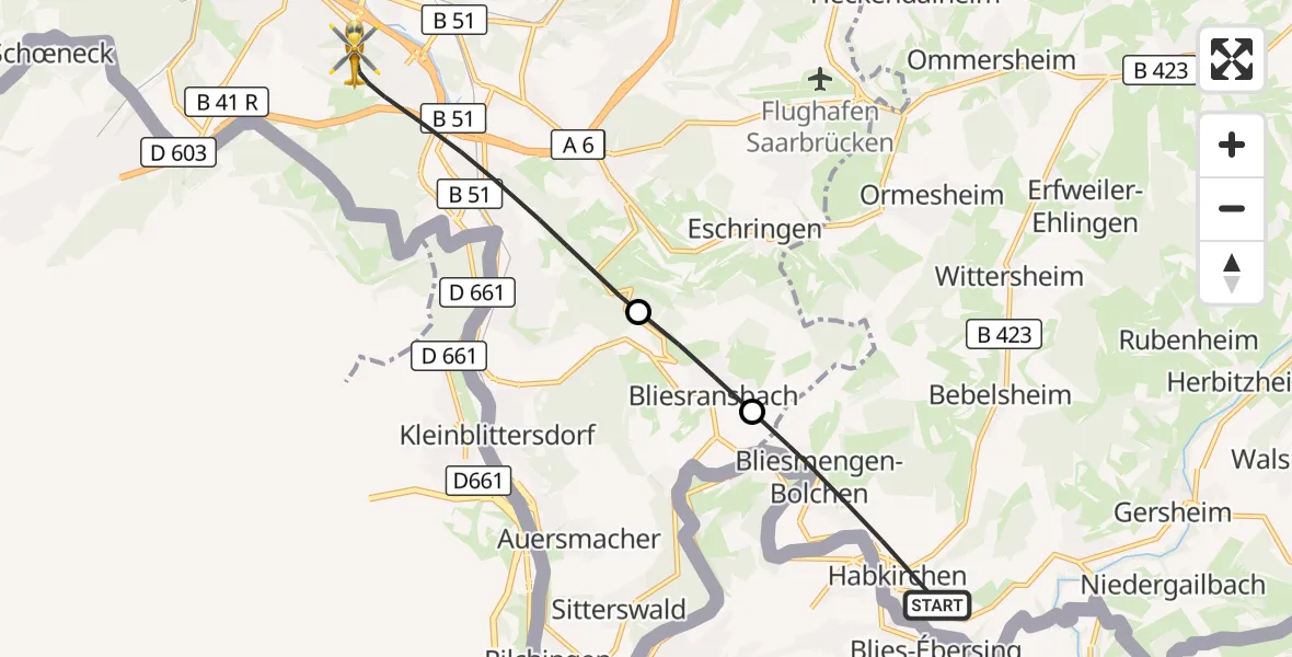 Flugroute Rettungshubschrauber Mandelbachtal - Saarbrücken, 13 September 2026, 15:07