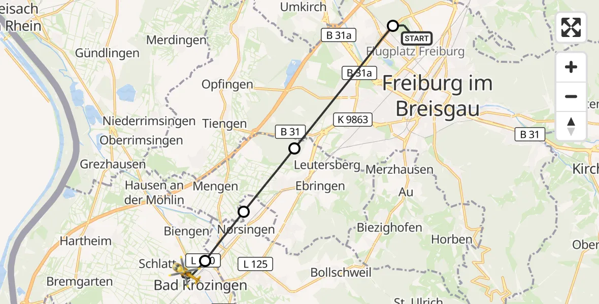 Flugroute Ambulanzhubschrauber Freiburg im Breisgau Flugplatz - Bad Krozingen, 13 September 2026, 15:08