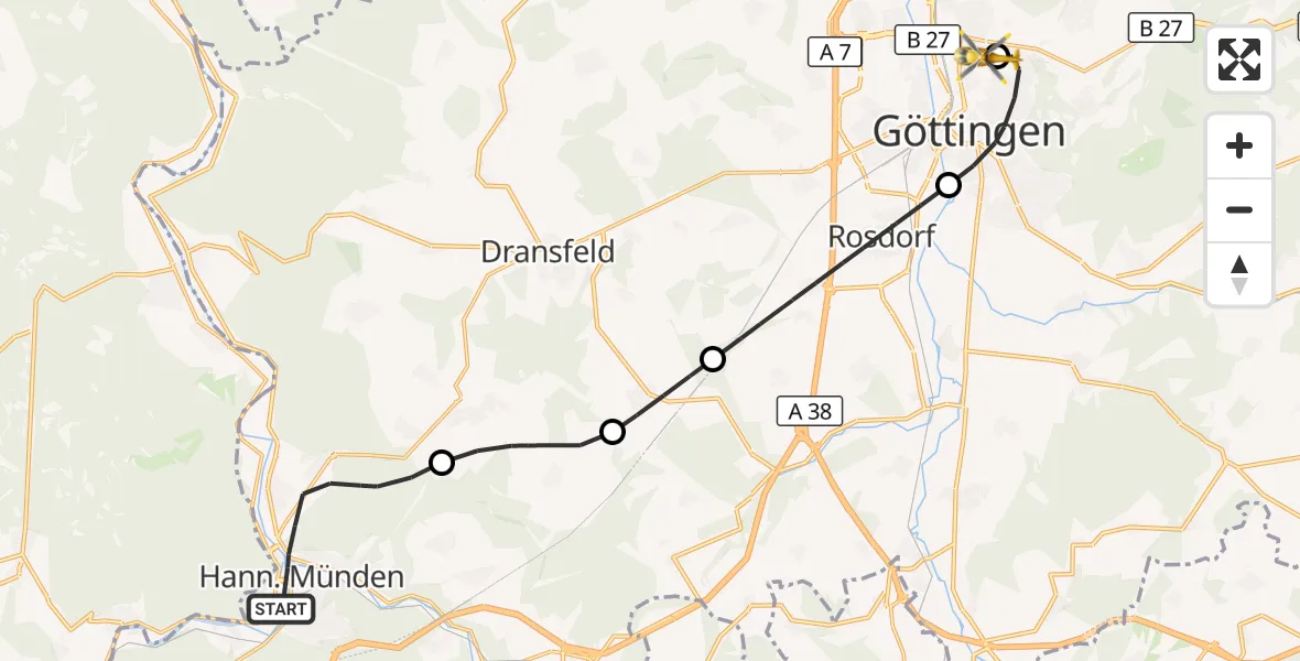 Flugroute Rettungshubschrauber Hann.Münden - Göttingen University Clinic Hubschrauberlandeplatz, 13 September 2026, 15:14