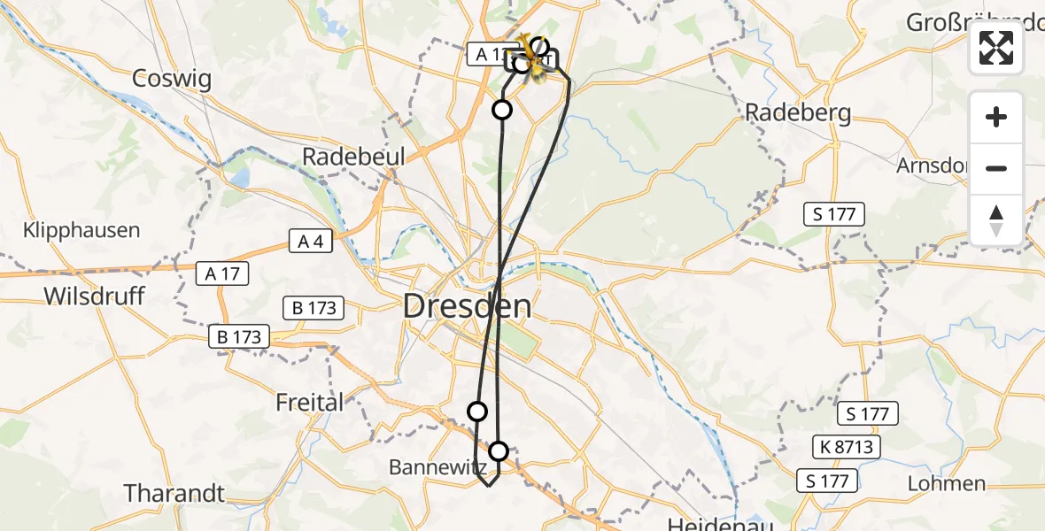 Flugroute Rettungshubschrauber Dresden Bundespolizei Hubschrauberlandeplatz - Dresden Bundespolizei Hubschrauberlandeplatz, 13 September 2026, 15:29