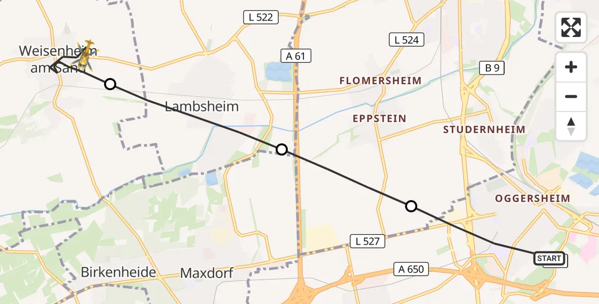 Flugroute Rettungshubschrauber Ludwigshafen am Rhein - Weisenheim am Sand, 13 September 2026, 15:30
