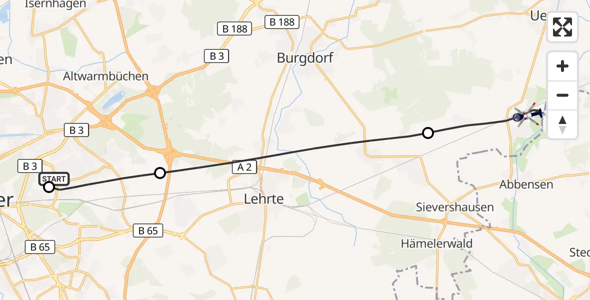 Flugroute Polizeihubschrauber Hannover Luftrettung Hubschrauberlandeplatz (Christoph 4) - Uetze, 13 September 2026, 15:55