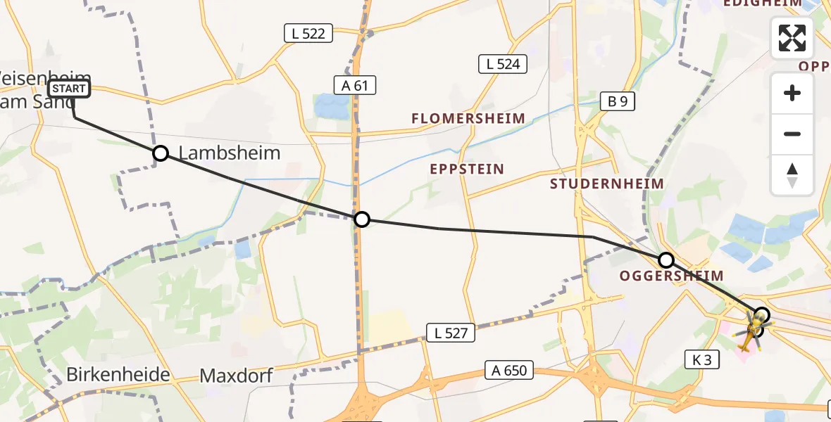 Flugroute Rettungshubschrauber Weisenheim am Sand - Ludwigshafen Accident Hospital, 13 September 2026, 16:00