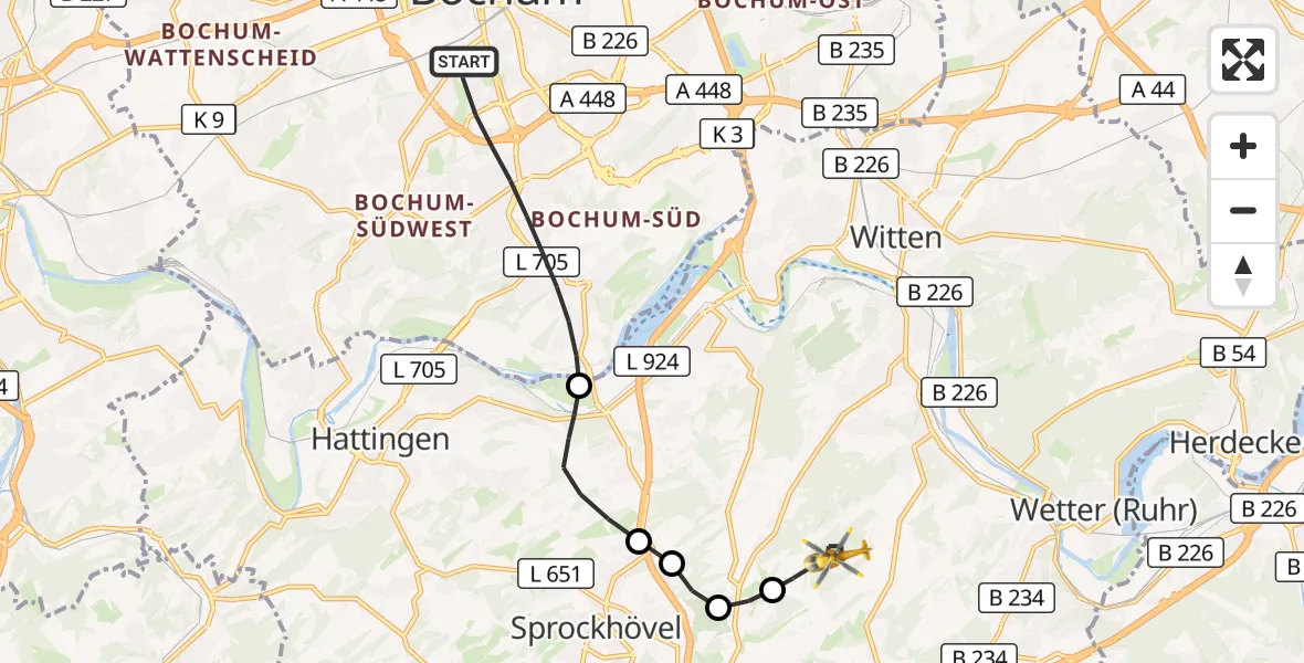 Flugroute Rettungshubschrauber Bochum - Wetter (Ruhr), 13 September 2026, 16:14