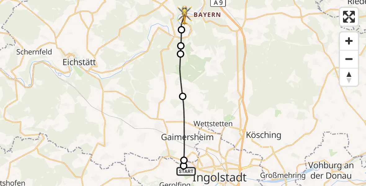 Flugroute Rettungshubschrauber Ingolstadt Hospital - Kipfenberg, 13 September 2026, 16:17