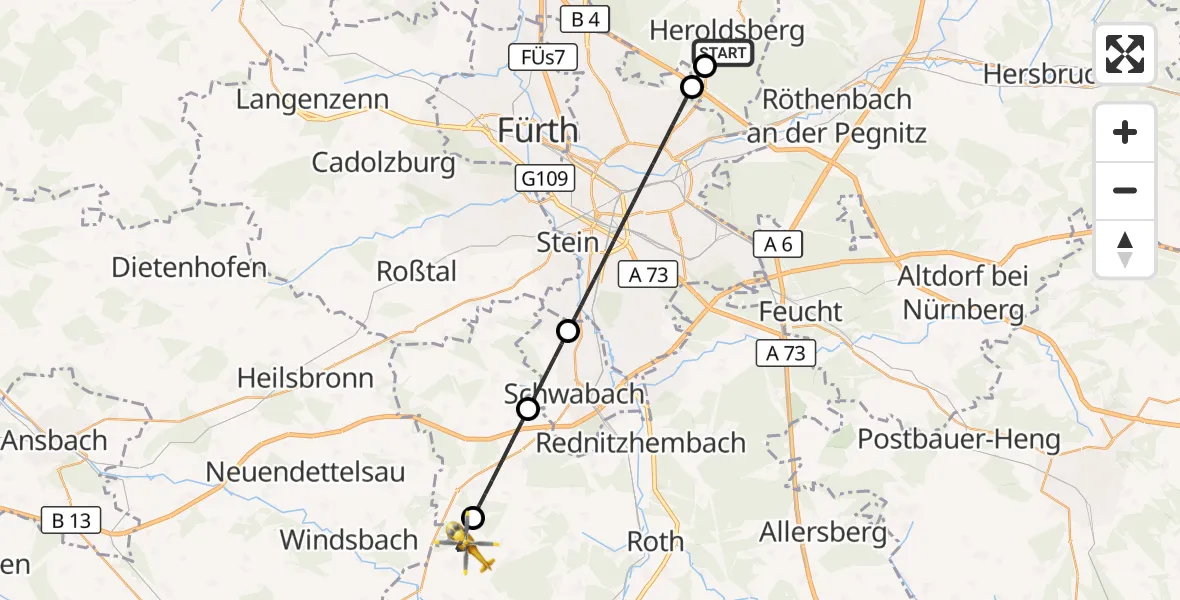 Flugroute Ambulanzhubschrauber Geschaidt - Abenberg, 13 September 2026, 16:21