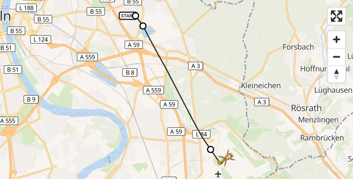 Flugroute Rettungshubschrauber Merheim Hospital - Köln Bonn Flughafen, 13 September 2026, 16:22