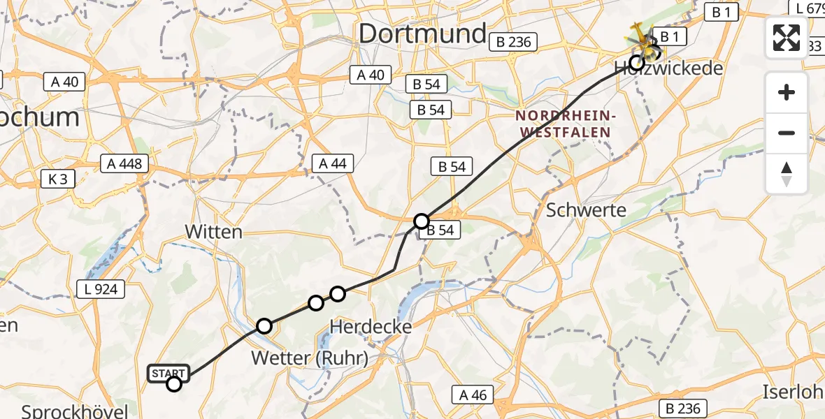 Flugroute Rettungshubschrauber Witten - Dortmund Flughafen, 13 September 2026, 16:34