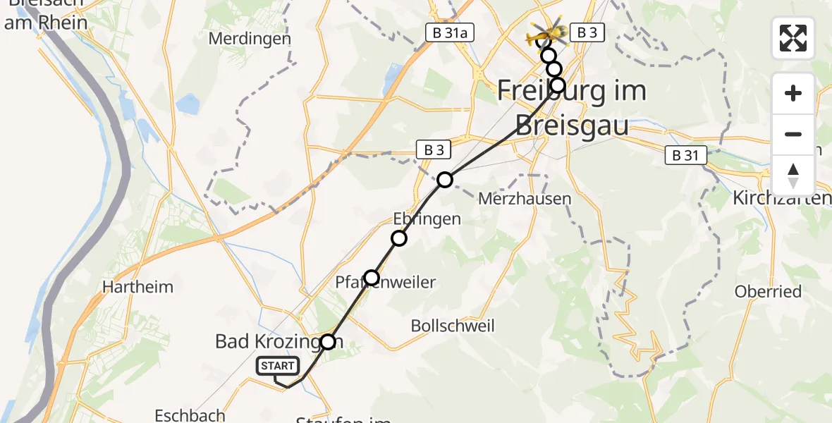 Flugroute Ambulanzhubschrauber Bad Krozingen - Freiburg im Breisgau Flugplatz, 13 September 2026, 16:40
