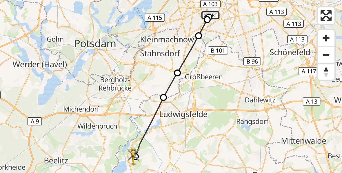Flugroute Rettungshubschrauber Charité Clinic Benjamin Franklin Campus - Trebbin, 13 September 2026, 16:59