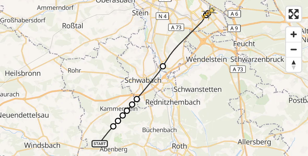 Flugroute Ambulanzhubschrauber Abenberg - Nürnberg South Hospital, 13 September 2026, 17:41