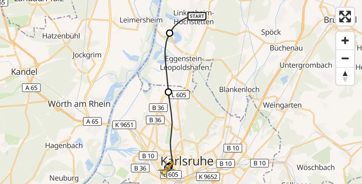 Flugroute Rettungshubschrauber Linkenheim-Hochstetten - Sankt Vincentius Hospital, 13 September 2026, 17:42