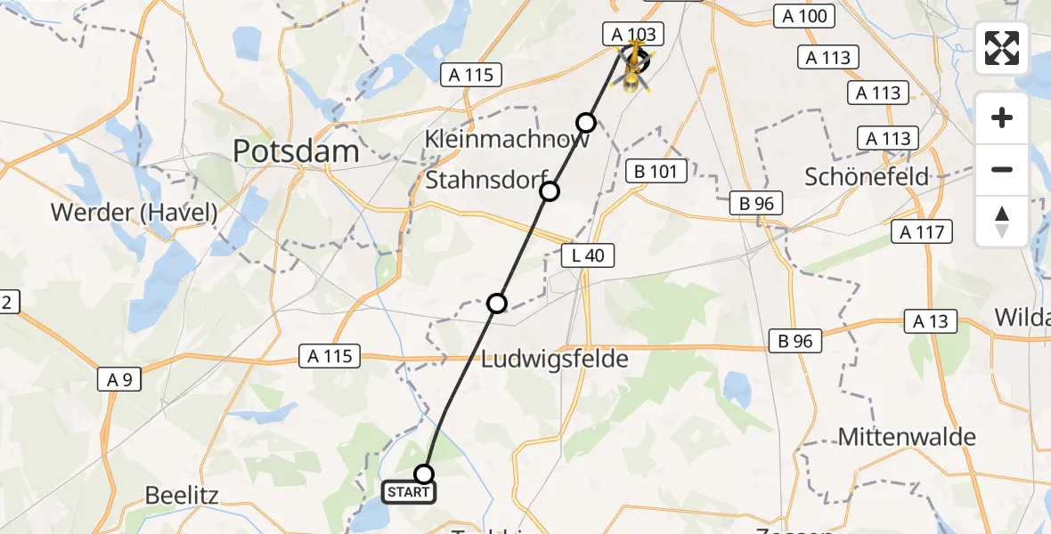 Flugroute Rettungshubschrauber Trebbin - Charité Clinic Benjamin Franklin Campus, 13 September 2026, 17:42