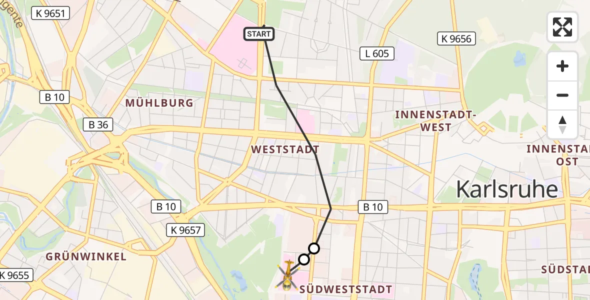 Flugroute Ambulanzhubschrauber Karlsruhe - Sankt Vincentius Hospital, 13 September 2026, 18:10
