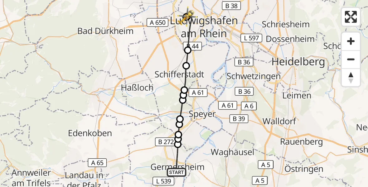 Flugroute Rettungshubschrauber Germersheim - Ludwigshafen Accident Hospital, 13 September 2026, 18:17
