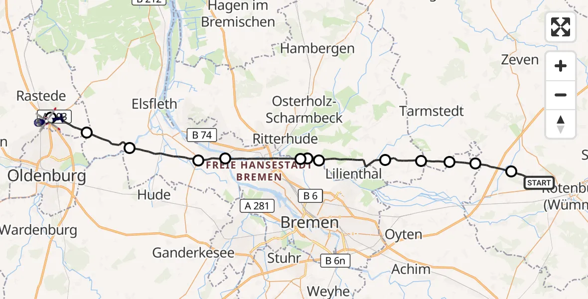 Flugroute Polizeihubschrauber Bötersen - Oldenburg Police Hubschrauberlandeplatz, 13 September 2026, 18:32