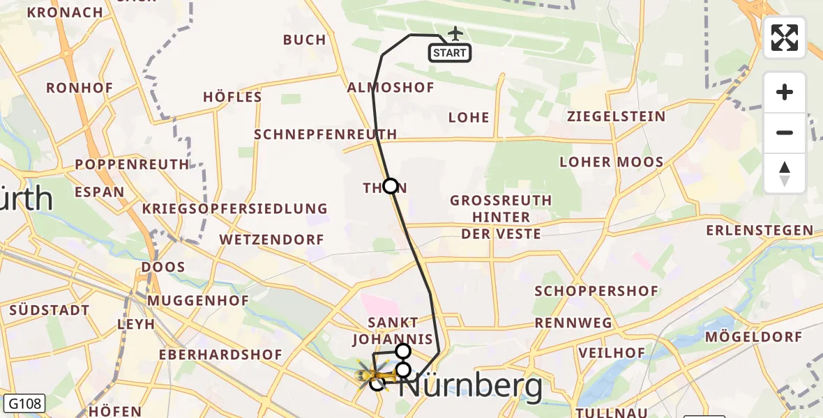 Flugroute Rettungshubschrauber Flughafen Nuremberg - Deutschherrnwiese Hubschrauberlandeplatz, 13 September 2026, 19:52
