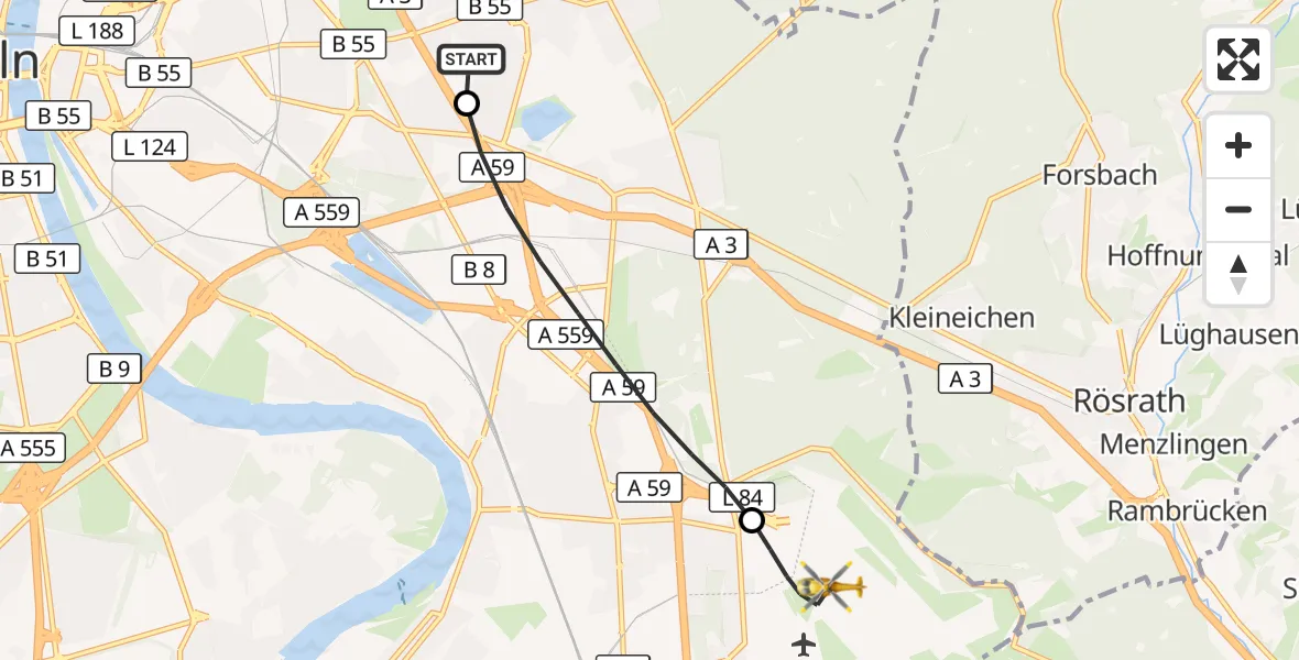 Flugroute Ambulanzhubschrauber Merheim Hospital - Köln Bonn Flughafen, 13 September 2026, 20:52