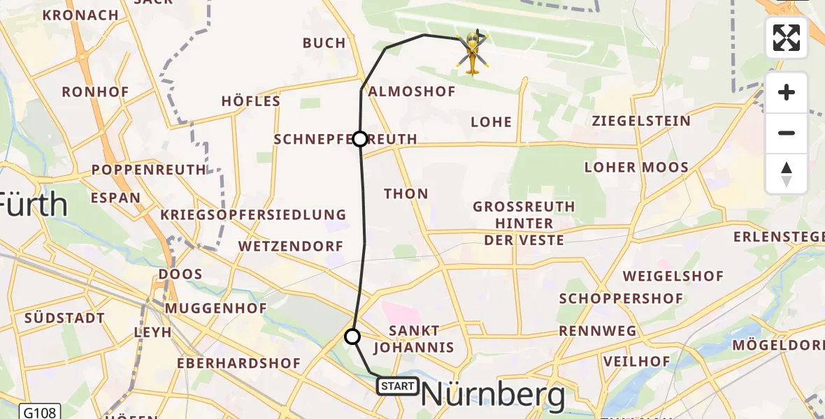 Flugroute Rettungshubschrauber Deutschherrnwiese Hubschrauberlandeplatz - Flughafen Nuremberg, 13 September 2026, 21:12