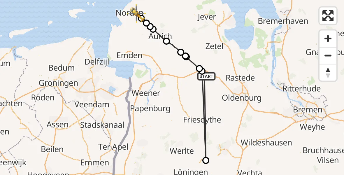 Flugroute Ambulanzhubschrauber Westerstede - Hage, 14 September 2026, 01:25