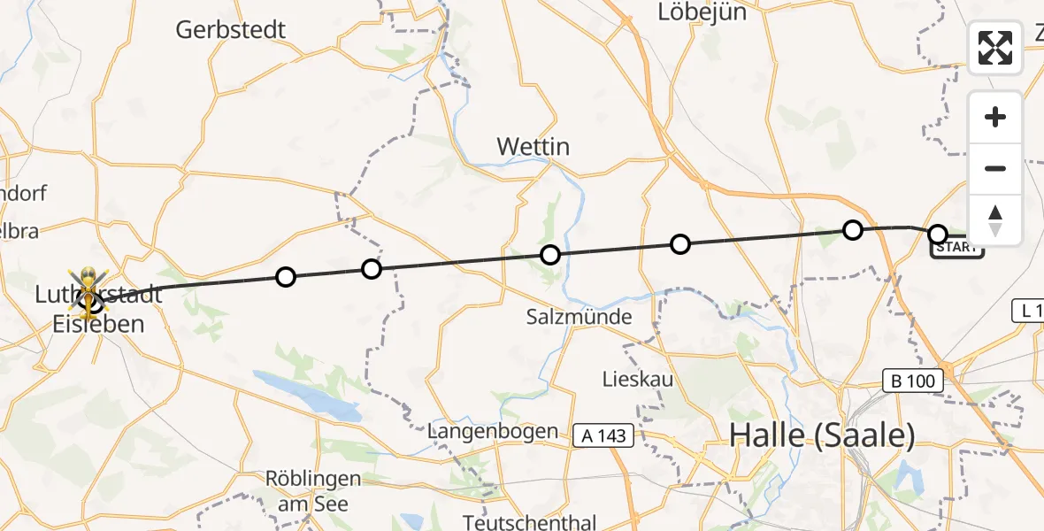 Flugroute Rettungshubschrauber Halle-Oppin Flugplatz - Helios Hospital Lutherstadt Eisleben, 14 September 2026, 05:07