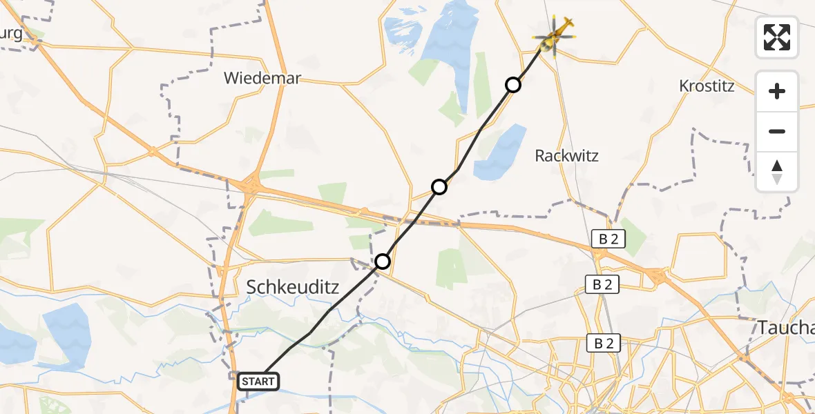 Flugroute Rettungshubschrauber Schkeuditz - Rackwitz, 14 September 2026, 05:20