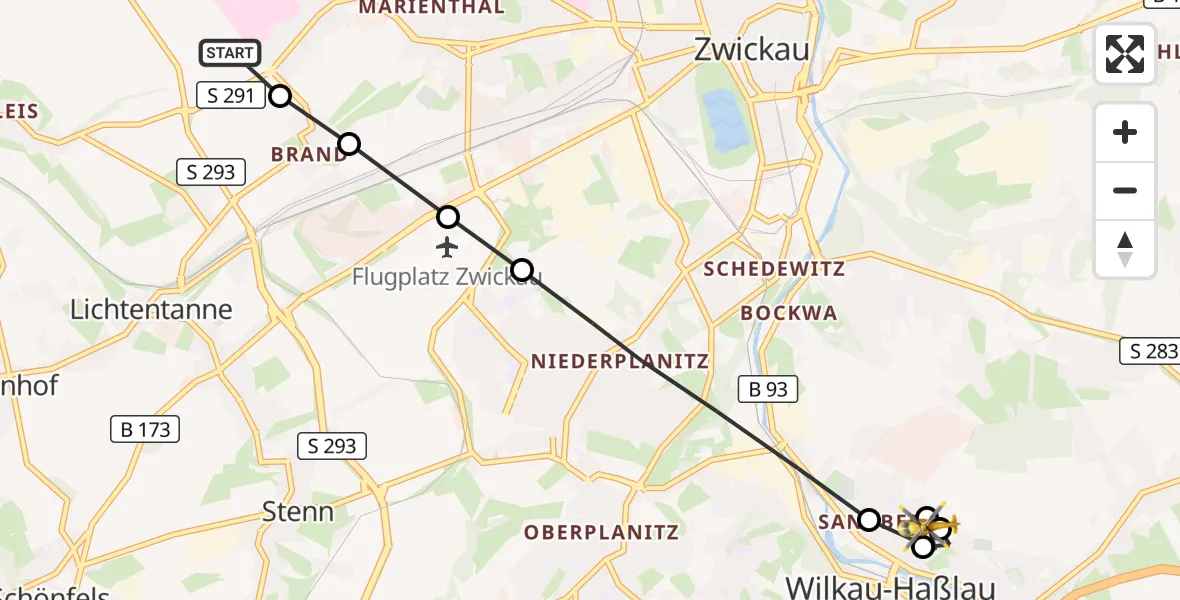 Flugroute Rettungshubschrauber ADAC Air Rescue Station Zwickau Hubschrauberlandeplatz - Reinsdorf, 14 September 2026, 05:28