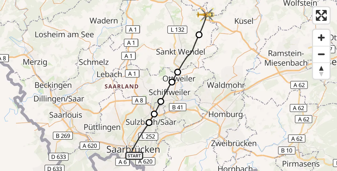 Flugroute Rettungshubschrauber Saarbrücken - Freisen, 14 September 2026, 05:44