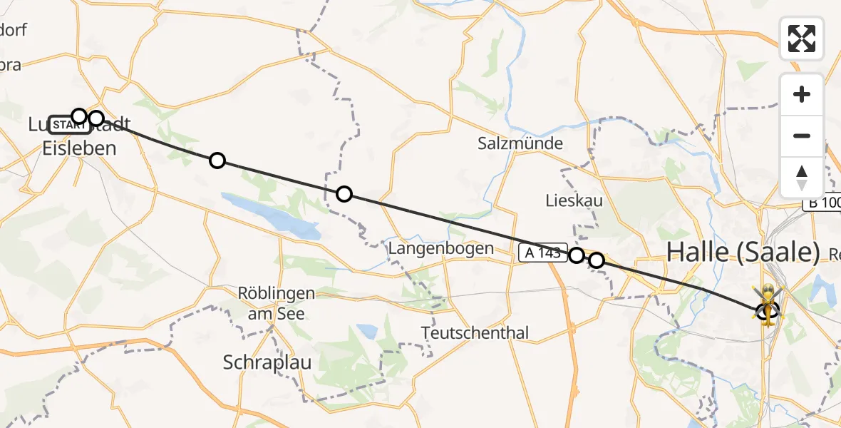 Flugroute Rettungshubschrauber Helios Hospital Lutherstadt Eisleben - BG Hospital Bergmannstrost Halle, 14 September 2026, 05:57