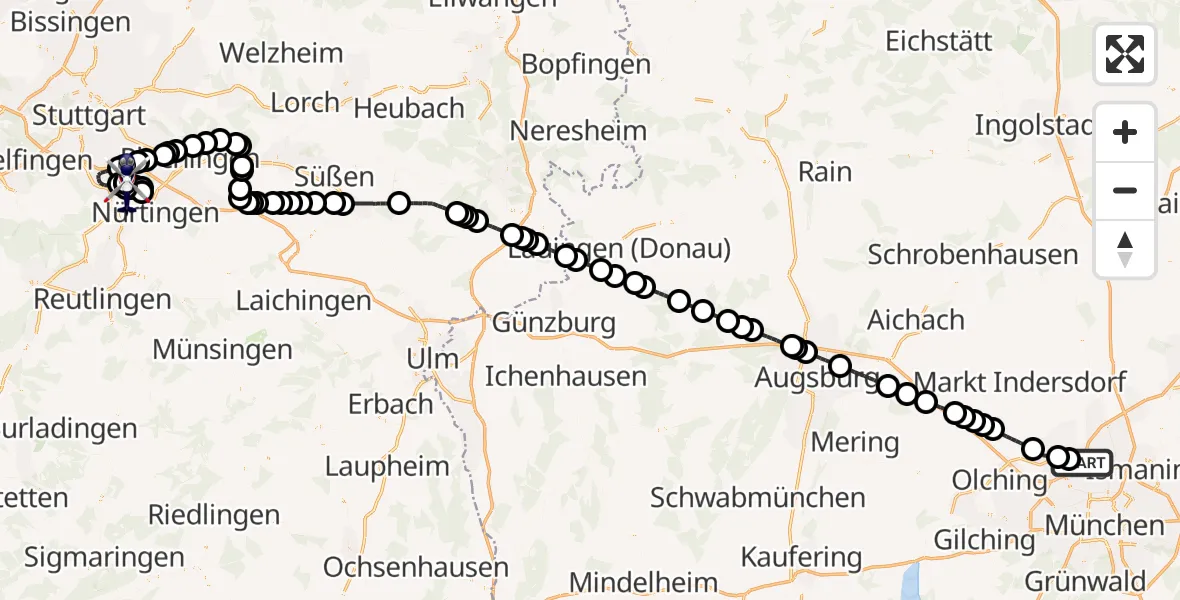 Flugroute Polizeihubschrauber München - Neuhausen auf den Fildern, 14 September 2026, 06:06