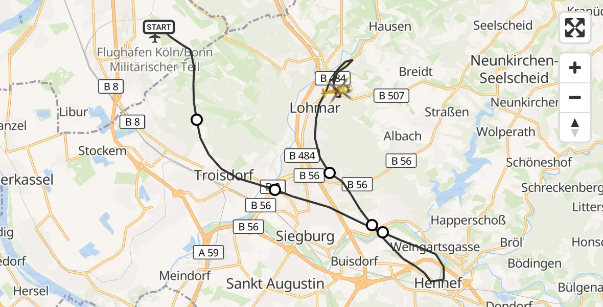 Flugroute Rettungshubschrauber Köln Bonn Flughafen - Lohmar, 14 September 2026, 06:09