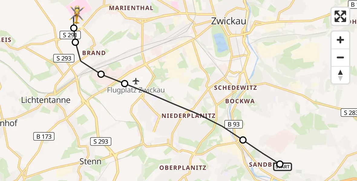 Flugroute Rettungshubschrauber Reinsdorf - ADAC Air Rescue Station Zwickau Hubschrauberlandeplatz, 14 September 2026, 06:13