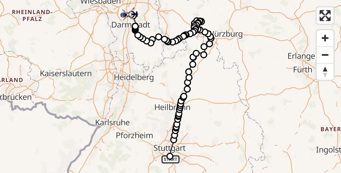 Flugroute Polizeihubschrauber Flughafen Stuttgart - Flughafen Frankfurt-Egelsbach, 14 September 2026, 06:15